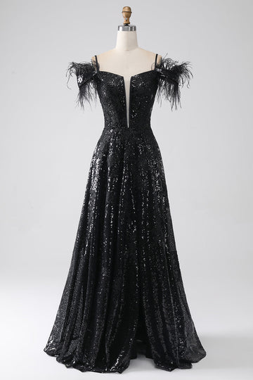Black A-Line Spaghetti Straps Cold Shoulder Sequins Long Ball Dress with Slit